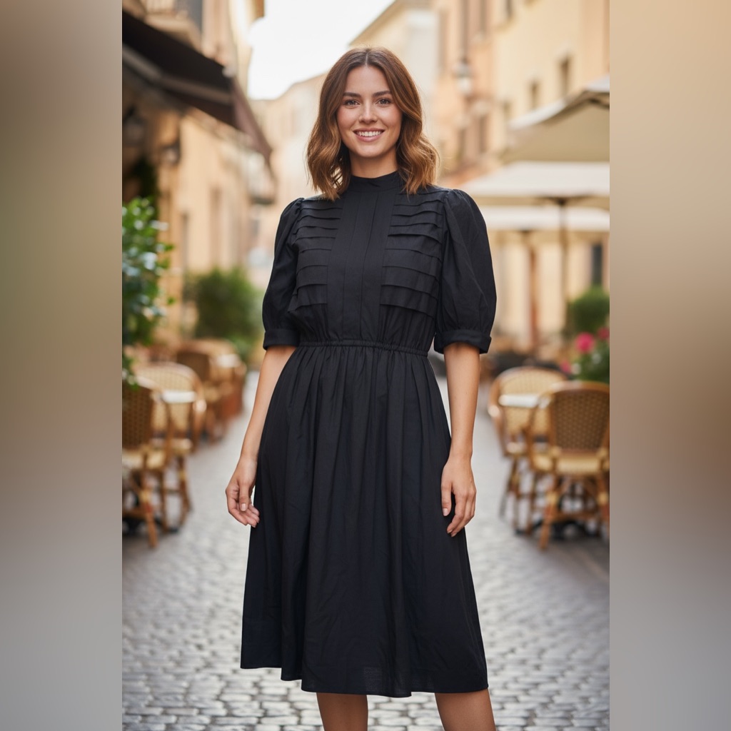 Vintage 1980s Bill Geoffreys Midi Dress Sz 8 Black Puff Sleeve,Side Pockets